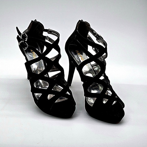 Report Shoes - Report Womens Strappy Stiletto Sandals Black Faux Suede Cage Heels Size 8.5